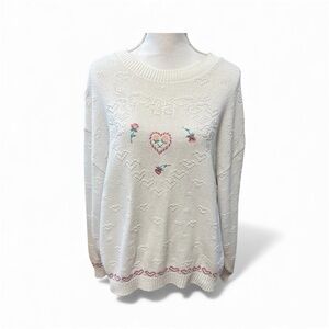 Vintage White Sweater Hearts Roses XL Valentine's Cottagecore Soft Girl EUC